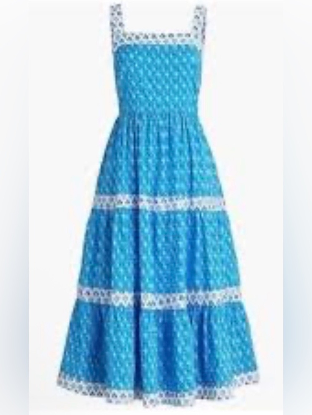 J. Crew Factory Blue Tiered Midi Dress with White Lace Trim